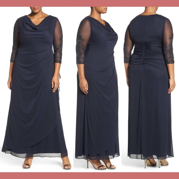 NEW Alex Evenings Beaded‎ Sleeve Ruched Waist Gown Dark Navy Blue [PLUS SZ 24W ] - Picture 1 of 7